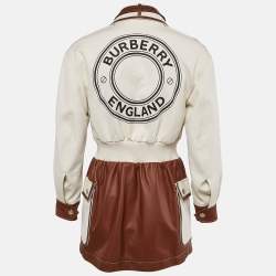 Pre Owned Burberry London Beige/Brown Logo Print Canvas and Leather Zip-Up Jacket XXS