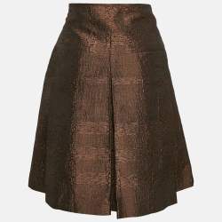 Burberry London Metallic Brown Tartan Checks Jacquard Pleated Knee-Length Skirt S
