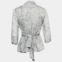 Burberry London Grey Printed Crepe Tie-Up Waist Pleated Top S