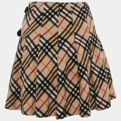 Pre Owned Burberry London Purple Label Beige Diagonal Checks Mohair Blend Buckle Mini Skirt XS