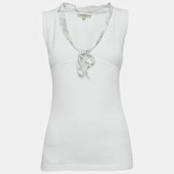 Burberry London White Cotton Knit Tie-Up Neck  Detail Sleeveless Top S