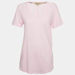 Pre Owned Burberry Pink Logo Embroidered Cotton V-Neck T-Shirt L