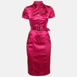 Burberry London Pink Satin Belted Pocket Detail Sheath Dress S
