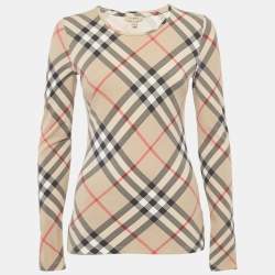 Burberry London Beige Tartan Check Print Cotton Long Sleeve Top S