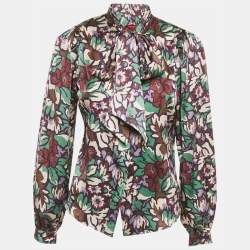 Pre Owned Burberry London Multicolor Printed Satin Silk Tie-Up Neck Detail Blouse S