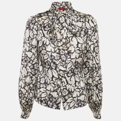 Pre Owned Burberry White/Black Floral Print Satin Silk Tie-Up Neck Detail Blouse S