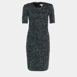 Pre Owned Burberry Black & Green Wool Blend Printed Sheath Dress XS