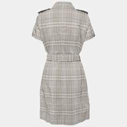 Pre Owned Burberry London Grey Checkered Cotton Belted Shirt Dress L