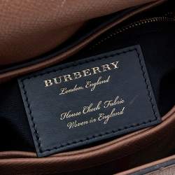 Pre Owned Burberry Brown Leather And House Check Fabric Medium Camberley Top Handle Bag