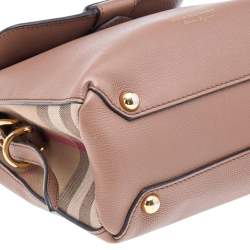 Pre Owned Burberry Brown Leather And House Check Fabric Medium Camberley Top Handle Bag