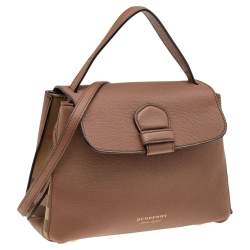Pre Owned Burberry Brown Leather And House Check Fabric Medium Camberley Top Handle Bag