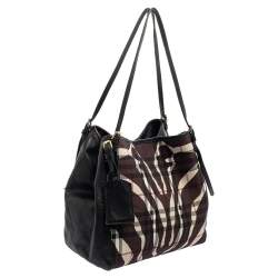 Pre Owned Burberry Black Zebra Print Haymarket Canvas and Leather Canterbury Tote