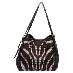 Pre Owned Burberry Black Zebra Print Haymarket Canvas and Leather Canterbury Tote
