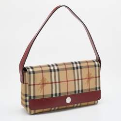 Pre Owned Burberry Beige/Rust Red Haymarket Check PVC And Leather Shoulder Bag
