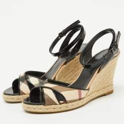 Burberry Beige/Black Nova Check PVC and Patent Leather Espadrille Wedge Sandals Size 38