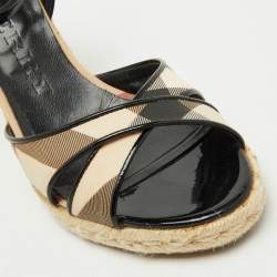 Burberry Beige/Black Nova Check PVC and Patent Leather Espadrille Wedge Sandals Size 38