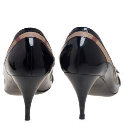 Pre Owned Burberry Black/Beige Patent Leather And Nova Check Canvas Buckle Detail Pumps Size 38.5
