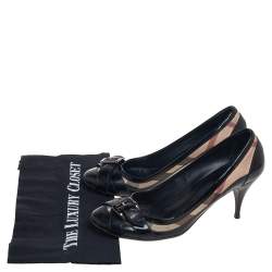 Pre Owned Burberry Black/Beige Patent Leather And Nova Check Canvas Buckle Detail Pumps Size 38.5