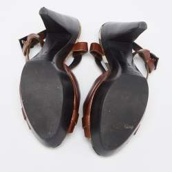 Pre Owned Burberry Brown/Beige Leather Hans T Strap Platform Sandals Size 38