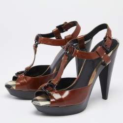 Pre Owned Burberry Brown/Beige Leather Hans T Strap Platform Sandals Size 38