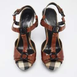 Pre Owned Burberry Brown/Beige Leather Hans T Strap Platform Sandals Size 38