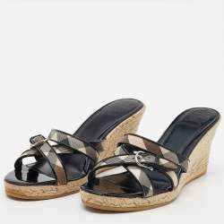 Pre Owned Burberry Black Patent Leather and Nova Check Canvas Espadrille Wedge Sandals Size 40