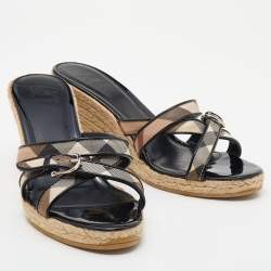 Pre Owned Burberry Black Patent Leather and Nova Check Canvas Espadrille Wedge Sandals Size 40