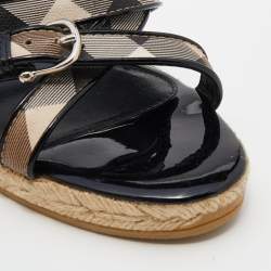 Pre Owned Burberry Black Patent Leather and Nova Check Canvas Espadrille Wedge Sandals Size 40