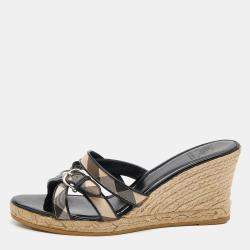Pre Owned Burberry Black Patent Leather and Nova Check Canvas Espadrille Wedge Sandals Size 40