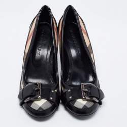 Pre Owned Burberry Black/Beige Check Canvas and Patent Buckle Detail Pumps Size 37