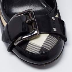 Pre Owned Burberry Black/Beige Check Canvas and Patent Buckle Detail Pumps Size 37