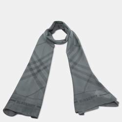 Pre Owned Burberry Grey Giant Check Jacquard Chiffon Scarf 