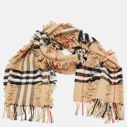 Pre Owned Burberry Beige Giant Check Cashmere Fil Coupe Scarf