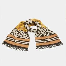 Pre Owned Burberry Yellow/Brown Wool Text Checkerboard Football Scarf