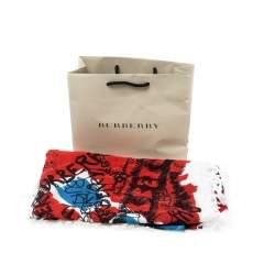 Burberry Colorblock Doodle Print Check Cotton Silk Square Scarf