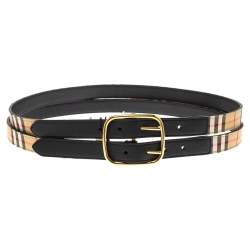 مملوكة مسبقًا حزام بربري "لينتون" سير مزدوج جلد و قماش مطبوع مربعات هاوس بيج و أسود 90 سم
