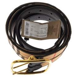 مملوكة مسبقًا حزام بربري "لينتون" سير مزدوج جلد و قماش مطبوع مربعات هاوس بيج و أسود 90 سم