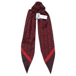 Pre Owned Burberry Crimson Red Logo Monogram Silk Hair Scarf