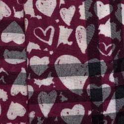 Pre Owned Burberry Purple Heart Print Nova Check Lightweight Wool & Cashmere Scarf