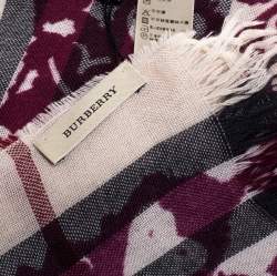 Pre Owned Burberry Purple Heart Print Nova Check Lightweight Wool & Cashmere Scarf