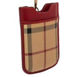 Pre Owned Burberry Beige/Red Nova Check PVC and Leather Phone Holder
