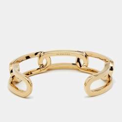 Pre Owned Burberry Chain Link Motif Gold Tone Open Cuff Bracelet L