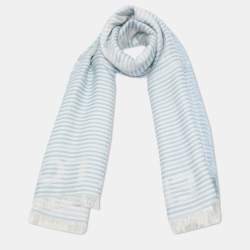 Pre Owned Burberry Pale Blue Striped Font Jacquard Silk & Wool Scarf
