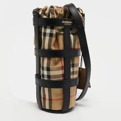 Pre Owned Burberry Black/Beige Vintage Check Canvas and Leather Water Bottle Holder 