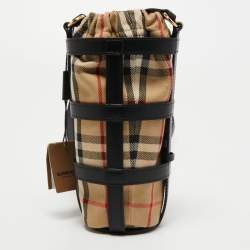 Pre Owned Burberry Black/Beige Vintage Check Canvas and Leather Water Bottle Holder 