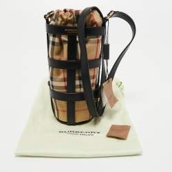 Pre Owned Burberry Black/Beige Vintage Check Canvas and Leather Water Bottle Holder 