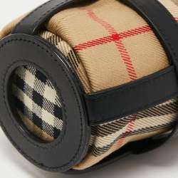 Pre Owned Burberry Black/Beige Vintage Check Canvas and Leather Water Bottle Holder 