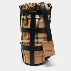Pre Owned Burberry Black/Beige Vintage Check Canvas and Leather Water Bottle Holder 