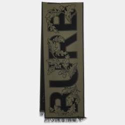 Pre Owned Burberry Fern Green Logo Oak Leaf Wool & Silk Football Scarf