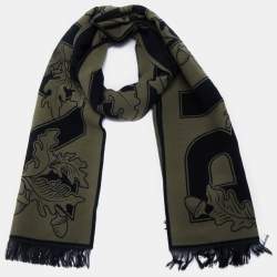 Pre Owned Burberry Fern Green Logo Oak Leaf Wool & Silk Football Scarf